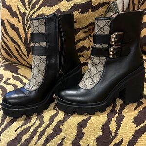 Gucci Black and Gray Heeled Boots with Buckle Detail